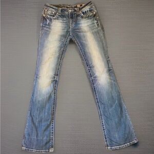 Miss Me Light Blue Distressed Denim Bootcut Jeans with Silver Accents